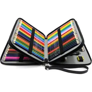 120 Slots Pencil Case - PU Leather Handy Multi-Layer Large Zipper Pen Bag with Handle Strap for Prismacolor Watercolor Pencils, Crayola Colored Pencils, Marco Pens and Makeup Brush (Black)