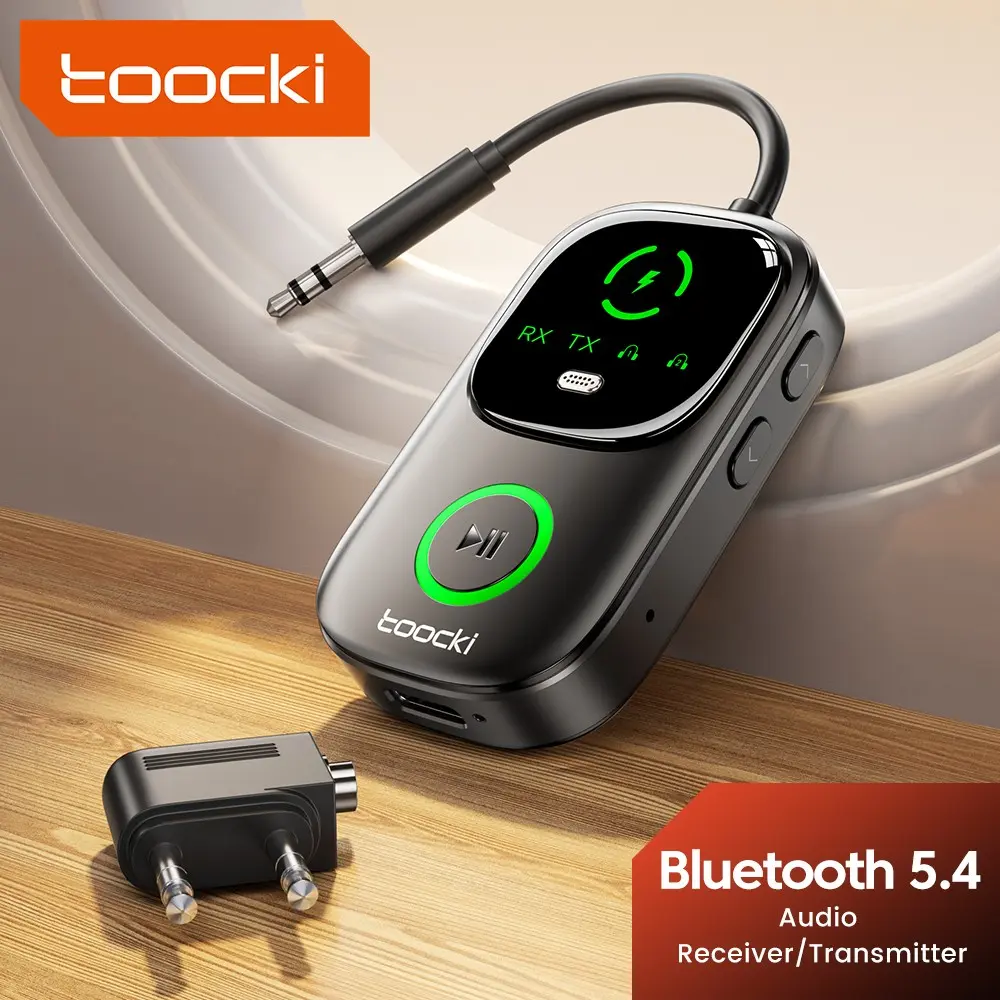 Toocki Bluetooth 5.4 Audio Reciever Transmitter RT/TX 2 In 1 3.5mm AUX Dual Device Adapter for TV Earphones Cars Airplane Car LED Display 3.5mm Jack AUX Bluetooth Dongle Accessories