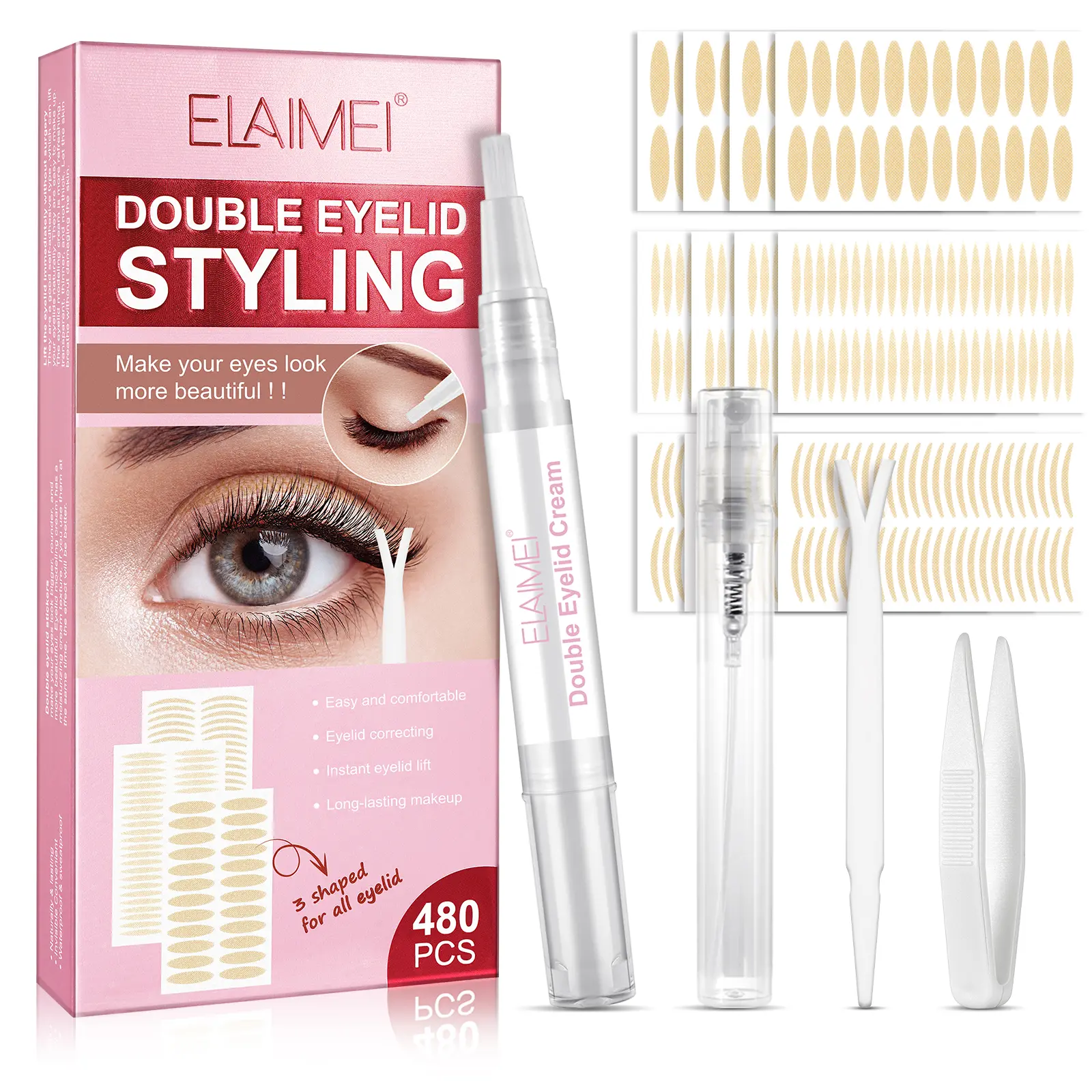 Elamei Strips Eyelid Tape Multi-Pack - 480pcs Makeup Tool, Waterproof, Invisible, Workout-Proof Hold, Instant Lift for Hooded Eyelids