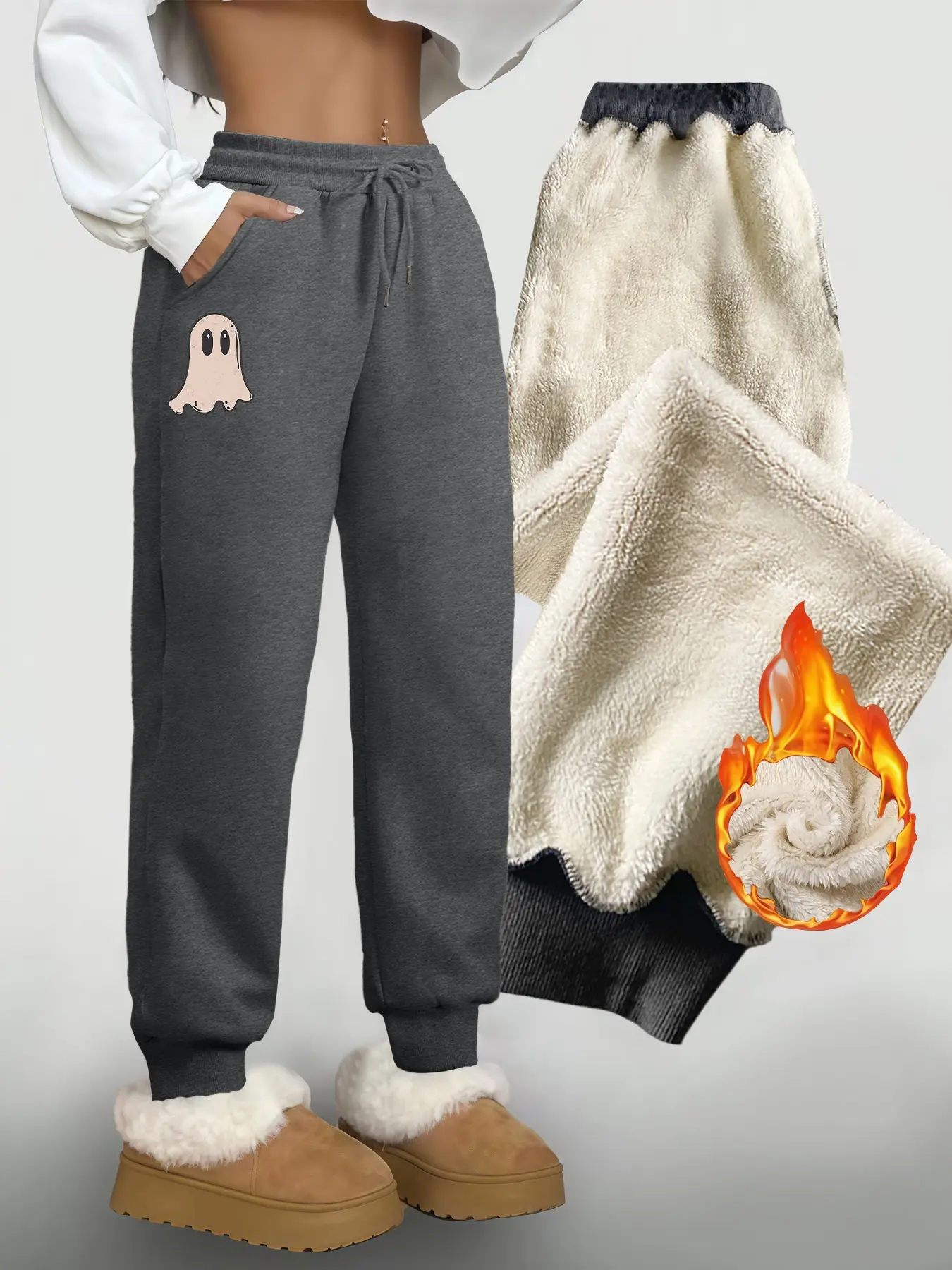 Women's Fashion Casual Long Pants, Halloween Ghost Print, Drawstring Waist, Fitted Straight Leg, Warm Lining, Fall & Winter Wear