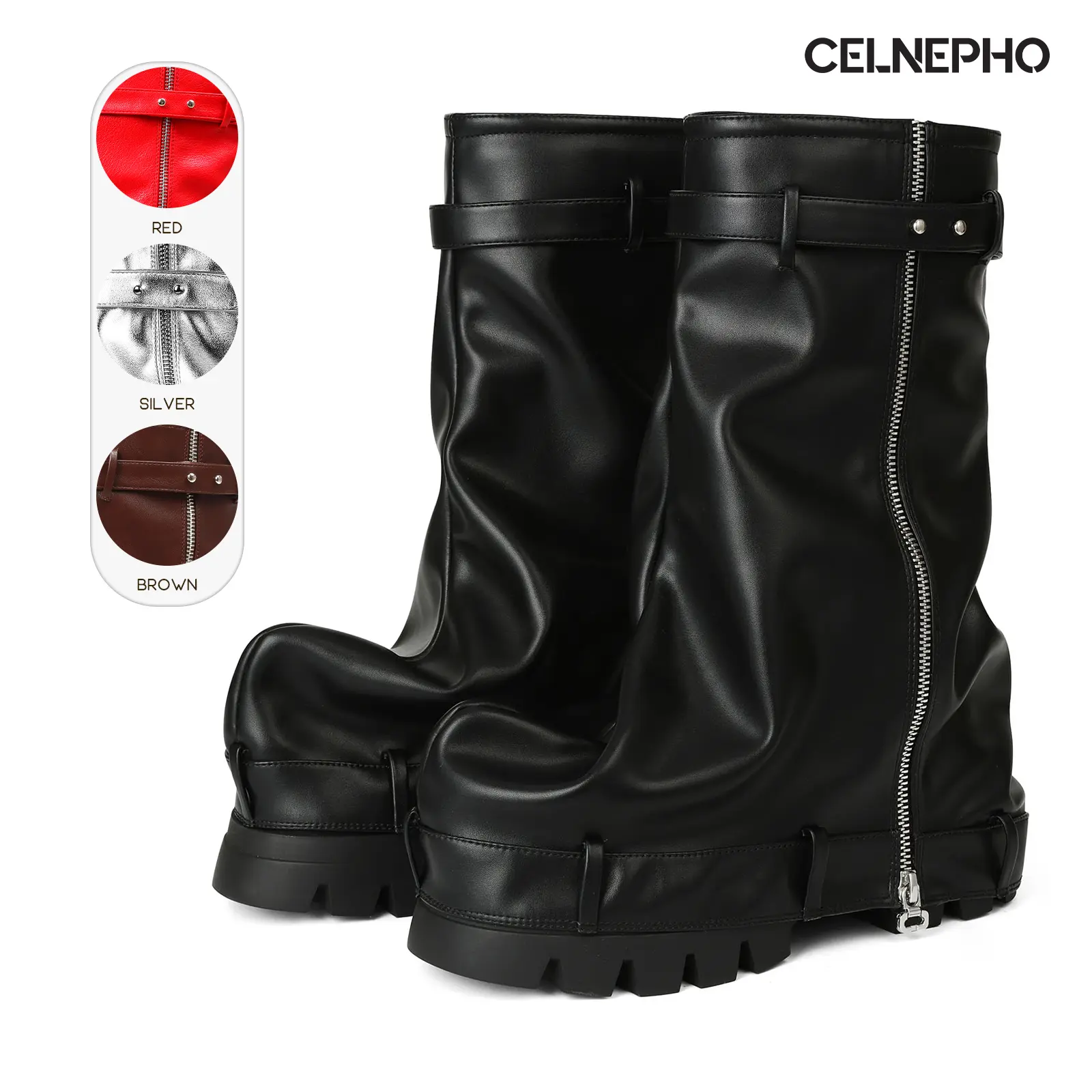 CELNEPHO Platform Boots for Women Round Toe Shark Boots Chunky Platform Heel Slouchy Booties Side Zipper Closure Mid Calf Boot Easy Pull on Fold Over Boots Date Party Gift Outdoor Events Dress Shoes
