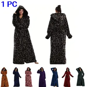 Elegant Leopard Print Flannel Bathrobe, Thickened Couple Version with Hat Belt Pocket, Unisex One Size Fits All Homeewear, Loungewear