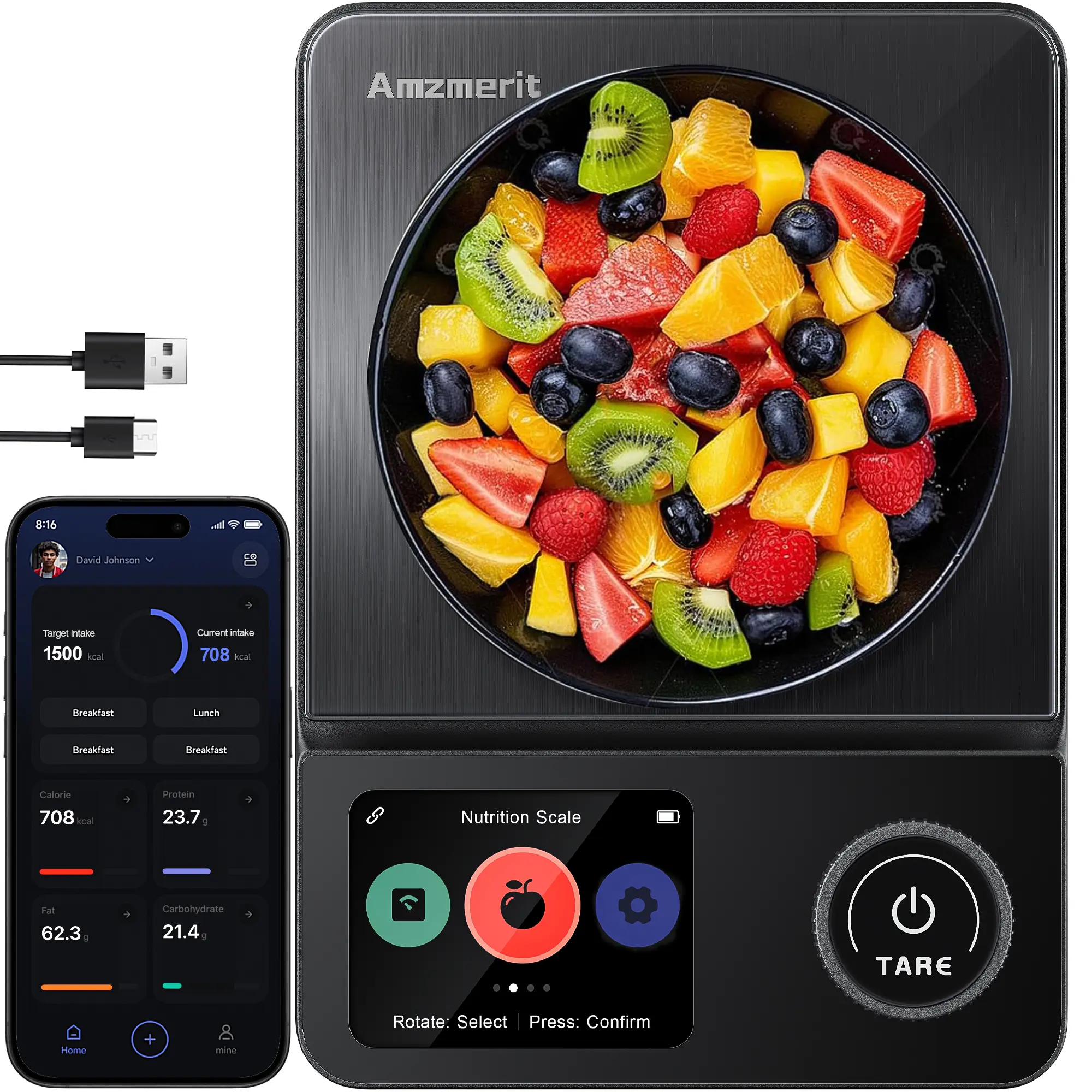Amzmerit Smart Food Scale for Meal Prepping, Holiday Baking - Built-in Calculator, Free App Tracks 19+ Metrics (Calories, Protein, Macronutrients), 5 Weighing Units, USB-C Compatible, Scan Food Barcodes for Healthy Eating & Fitness Training