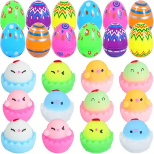 Set of 12, Multi-Item Party Favor Packs, Easter Printed Eggs and Mochi Soft Toys, Individually Wrapped, Suitable for Easter Egg Filling, Party Game Activities, Birthday Party Gifts, Children's Gifts for Boys and Girls