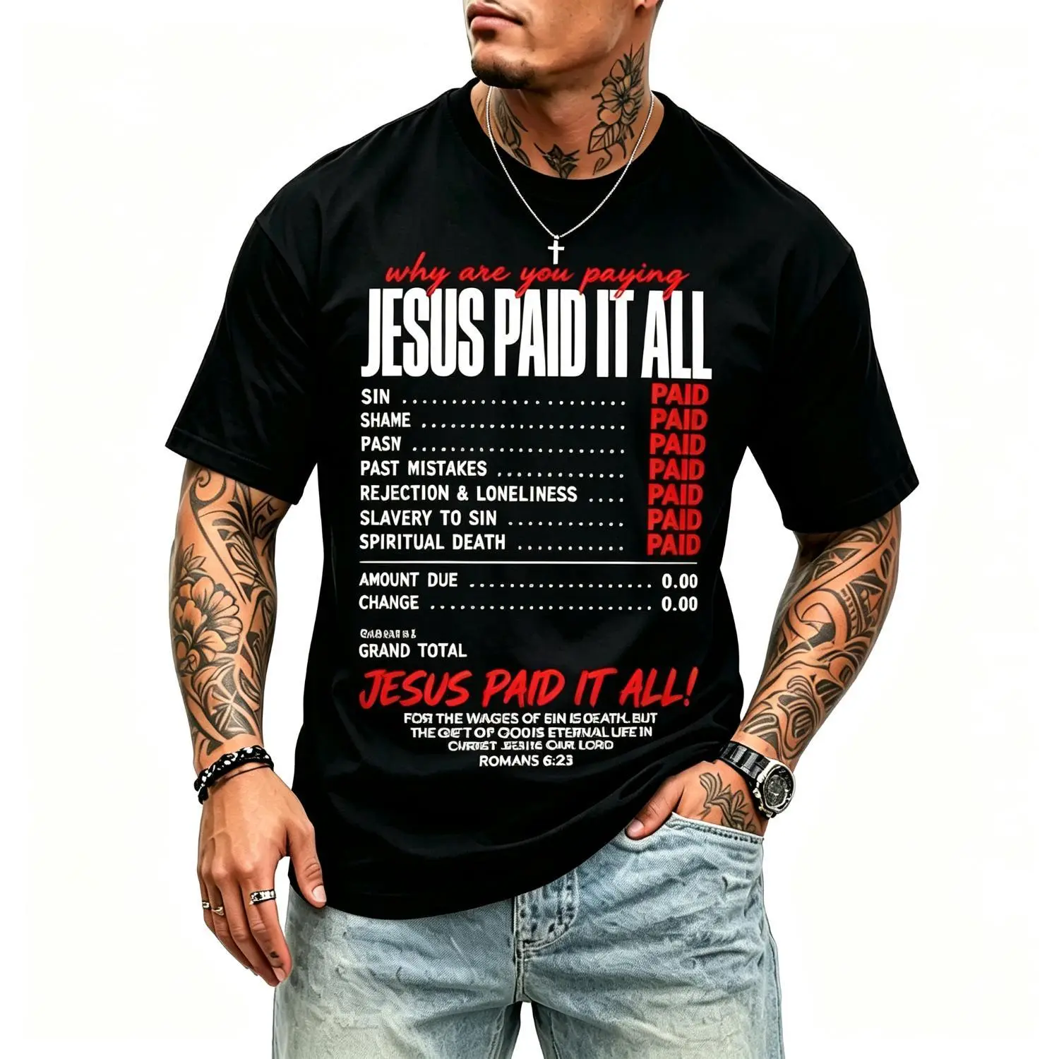 Women's Short-Sleeve Crew Neck Christian Graphic Tee - Funny Faith Humor Design, Romans 6:23 "Jesus Paid It All" Message, Casual Vintage Unisex Spiritual Tops, Shortsleeve, Graphic Print