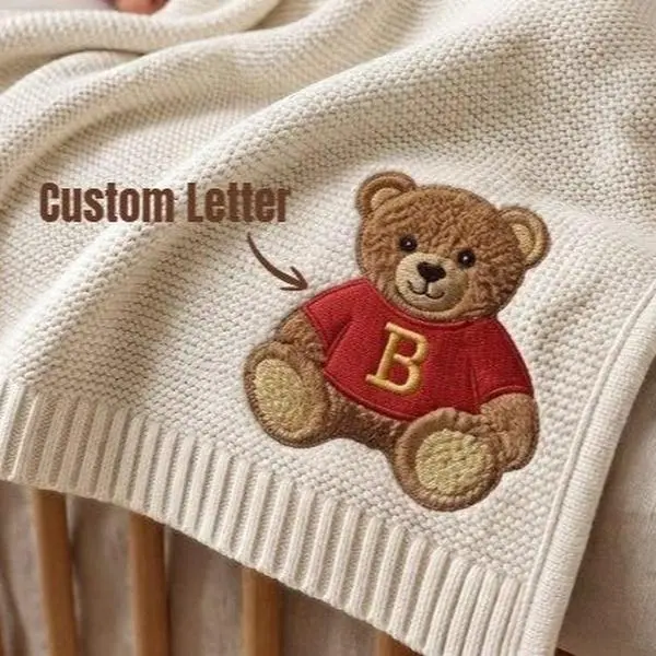 [Made-to-Order] Custom Teddy Bear With Name Embroidered BB Cotton Blanket