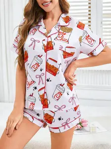 Women's 2-Piece American Fried Chicken Print Pajama Set, Cute Cartoon Chicken Fries & Soda Loungewear, Bow & Star Accents, Turn-Down Collar Button-Down Sleepwear, Soft Breathable & Lightweight, All-Season Casual Home Wear