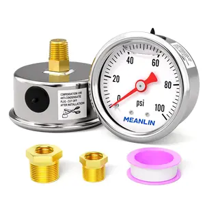 MEANLIN MEASURE 0~100Psi Stainless Steel 1/8" NPT 1.5" FACE DIAL, Glycerin Filled Pressure Gauge, Liquid Filled, Water Oil Air, Back Mount, with 1/8" x 1/4" NPT and 1/8" x 3/8" NPT Hex Bushing