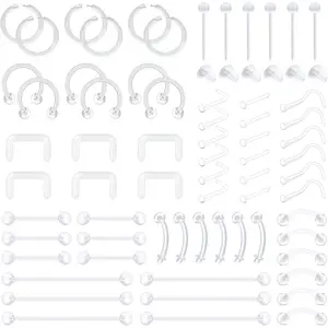 Mix Style Clear Piercing Kit-Flexible Retainers for Lip, Nose, Eyebrow, Nipple, Tongue, Belly Button-Bioflex Plastic Industrial Barbell Piercing Retainers