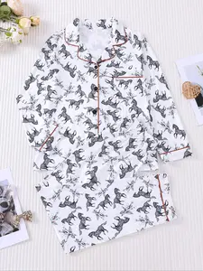 2pcs Monochrome Unicorn Print Pajama Set - Elegant Whimsical Long-Sleeve Pjs (Notch Collar + Chest Pocket + Elastic Waist) - Soft Women Adult Casual Loungewear/Sleepwear for Cozy Nights In, Work From Home & Gift Giving