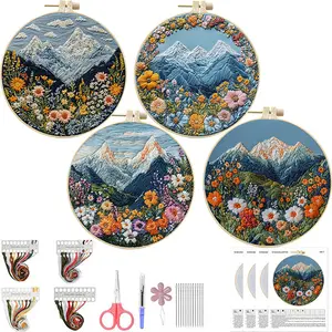 DIY Embroidery Kit for Beginners - 4 Pre-Printed Mountain Floral Patterns with Hoops & Tools