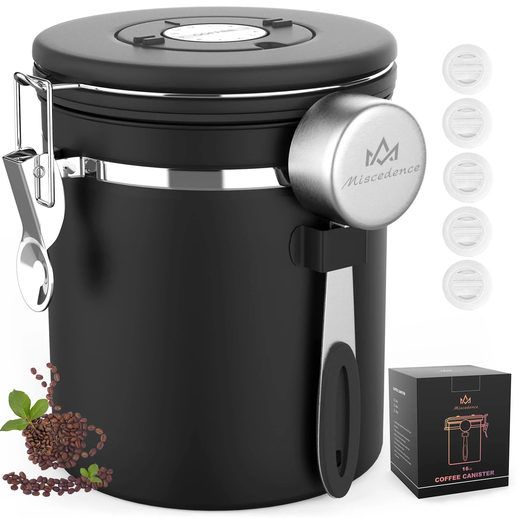 22oz Black Airtight Coffee Canister with Viewing Window, Date Tracker & Measuring Scoop, Coffee Bean and Ground Coffee Storage Container for Espresso, Tea, Sugar, Kitchen & Coffee Bar
