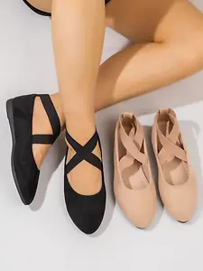 Women's Casual Elegant Ballet Flats, Round Toe Slip-On Ankle Strap, Lightweight Solid Color Fabric, All-Season Comfort Shoes, Rubber