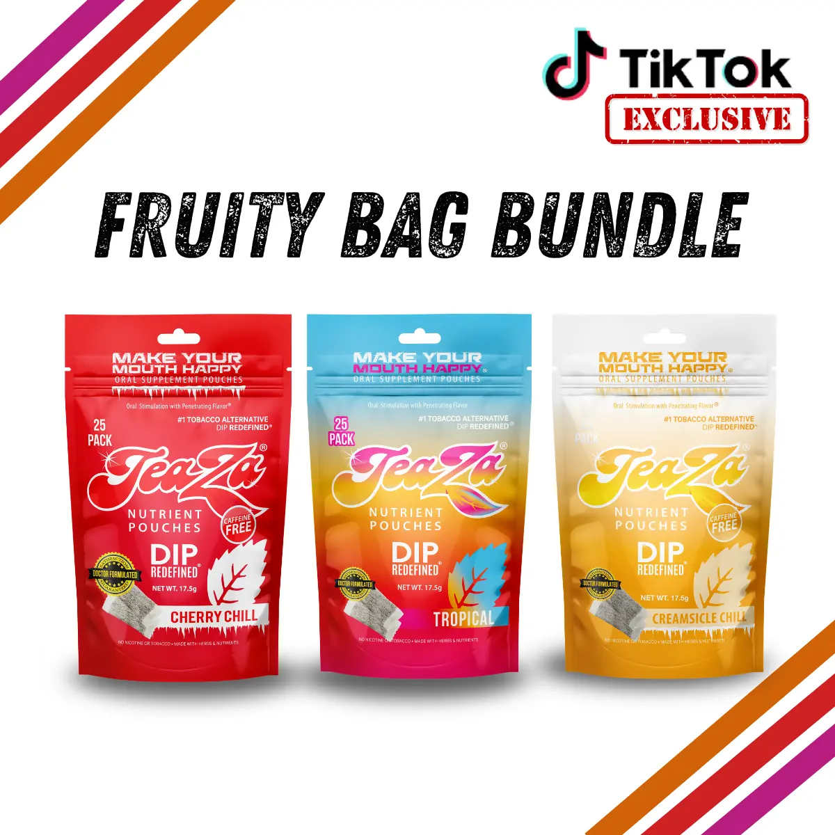TeaZa Energy Pouches - Fruity Bag Bundle - Tropical, Cherry Chill, Creamsicle Chill Flavors Herbal Tea, Caffeine, Caffeine Pouches, Energy Pouches