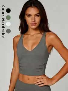 New Women's Basic V-Neck Pleated Fitted Tank Top, Casual Sleeveless Knit, Essential Layering Piece, Perfect for Daily Wear & Sports, Comfortable & Stylish