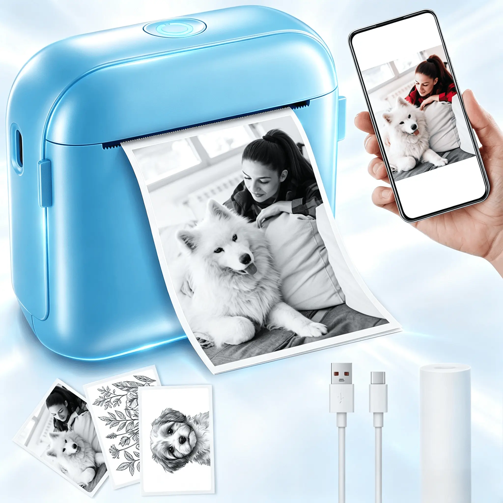 Portable Inkless Thermal Pocket Micro Sticker Printer, Wireless Instant Print, Compatible Ios/Android, with 1Rolls Thermal Adhesive Paper, Print Labels Photos Study Notes Diaries Memos Work Sheets Texts, Ideal Thanksgiving Christmas Halloween Gifts