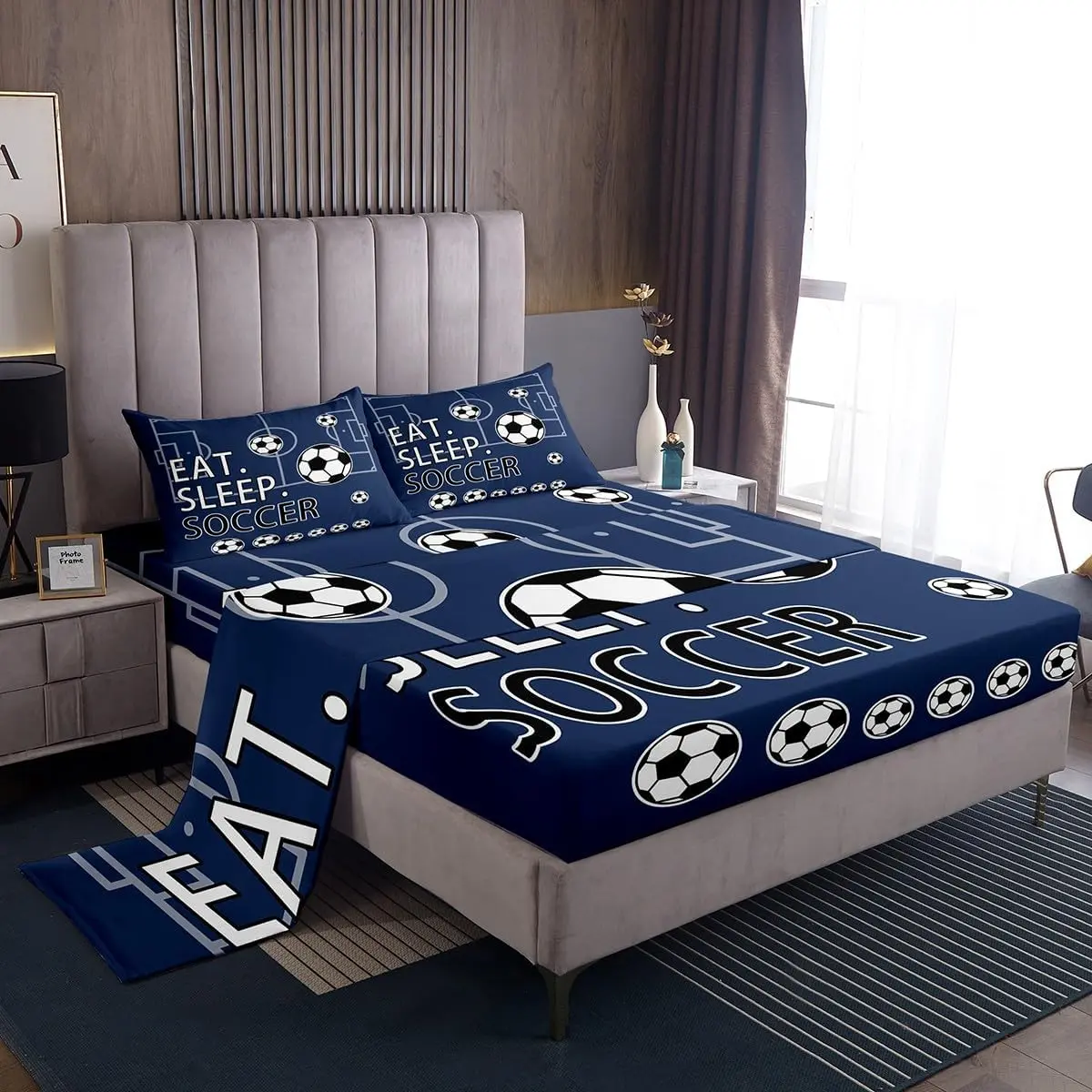 Feelyou Soccer Bedding Set - Multi-Size Navy Blue Durable Bedding, Cool Soft Sheets, Breathable Bed Cover, All-Season Decorative Twin Bedding for Boys, Twin Boys Bedding Set