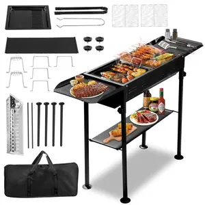 Portable Charcoal BBQ Grill Foldable Steel with Adjustable Height, Storage Bag, Compact Outdoor Cooking Black