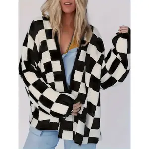 Plus Size Women’s Plaid Print Long Sleeve Knit Cardigan, Casual Loose-Fit Autumn & Winter Sweater, Medium Fabric Thickness