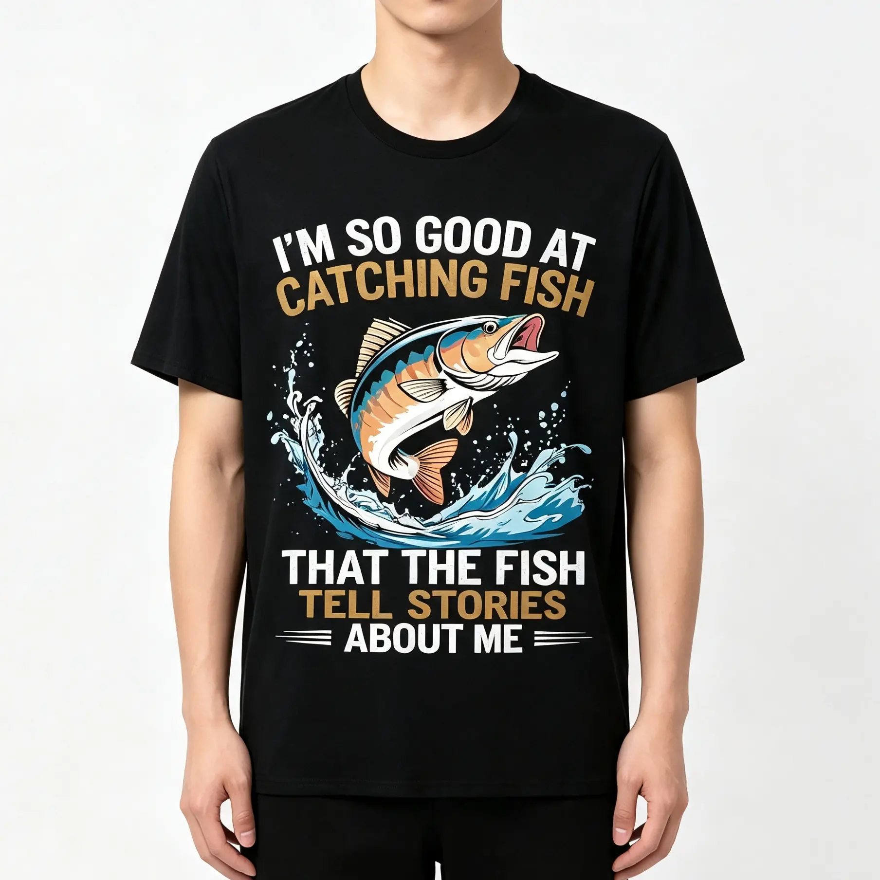 Men's Funny Fishing T-Shirt I Fish So Well The Fish All Tell Stories with Jumping Fish Graphic Lightweight Breathable  Cotton All-Season Casual Outdoor Fishing Apparel Sizes S-XXXL Machine Washable Ideal Gift  double print  Tshirt Round Neck Menswear