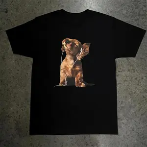 Dog With Headphones Funny Casual Cotton Tee