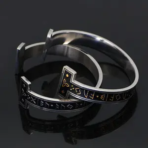 GTHIC Celtic Knot Runes Stainless Steel Viking Cuff Bracelet Norse Accessories for Daily Wear