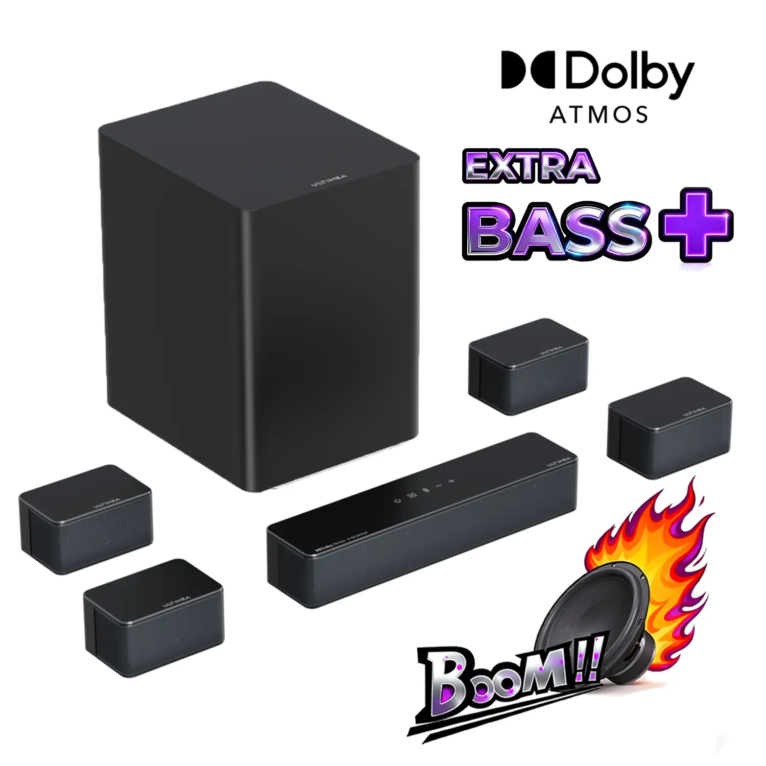 ULTIMEA Poseidon D80 BOOM Soundbar 7.1ch Dolby Atmos with Explosive Deep BASS Subwoofer, 4 Wired Surround Speakers, Subwoofer, HDMI eARC, Bluetooth & App Control – 2025 New Version Home Theater System for Powerful Surround Sound Experience#SummerVibes