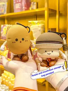 Cute Kawaii Cartoon Potato & Mushroom Mini Storage Pouch Keychain Multifunctional Zipper Coin Purse Key Ring Aesthetic Backpack Bag Charm Gift for Women Girls Kids