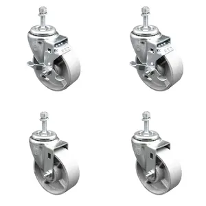 212 MAIN Service Caster SCC-TS20S415-SSR-M1015-2-TLB-2, Semi Steel Cast Iron Swivel Threaded Stem Caster with Roller Bearing, 4x1.5 in. Lockable Silver Wheels, 10 mm Stems - Set of 4, Lockable Wheels