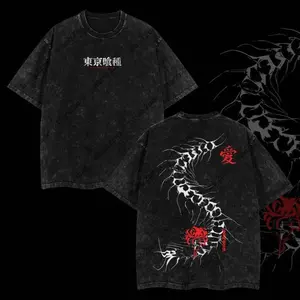 Tokyo Ghoul Graphic Tee, Oversized Acid Washed Short Sleeve Top with Centipede Kaneki Ken Double Print, Tops