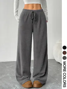 Women's Casual Loose-Fit Wide Leg Knitted Pants, All-Season Comfortable Waist Belted Design, Moderate Fabric Thickness