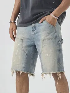 Men's Summer Washed Colorful Ink Splatter Ripped Distressed Denim Shorts, Casual Loose Fit Straight Leg Streetwear Hip Hop Half Pants Pocket