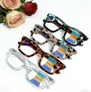 Unisex/4-piece set multi-focus blue light reading glasses, square oversized frame, spring hinges, relieve eye strain, for commuting and home office, stylish set, Mother’s Day gift