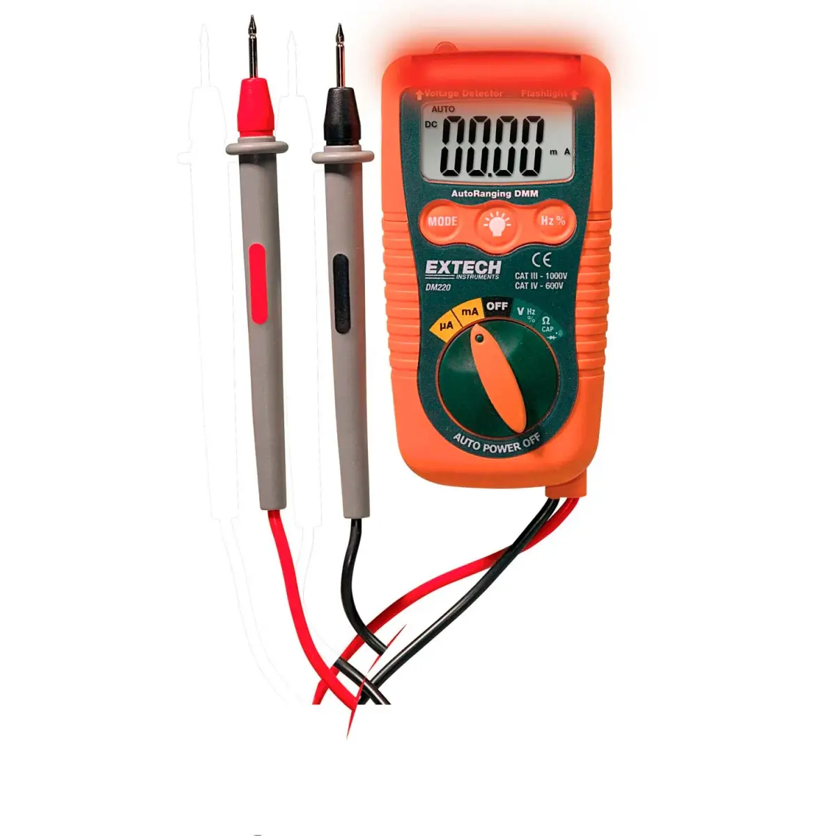 FLIR Commercial Systems B1410691 Extech DM220 1.6 in. Auto-Ranging Mini Pocket DMM Multimeter - Non-Contact Voltage Detector, Flashlight, AC Capable, AC Circuits, Orange & Green, Ncv Detector