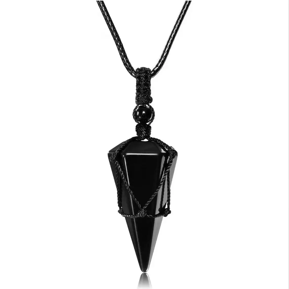 Black Obsidian Gothic Hexagonal Crystal Pendulum Necklace, Unisex Dark Aesthetic Gothic Talisman, Hand-Woven Adjustable Rope Healing Gemstone Jewelry with Spiritual Benefits, Geometric Daily Wear Accessory