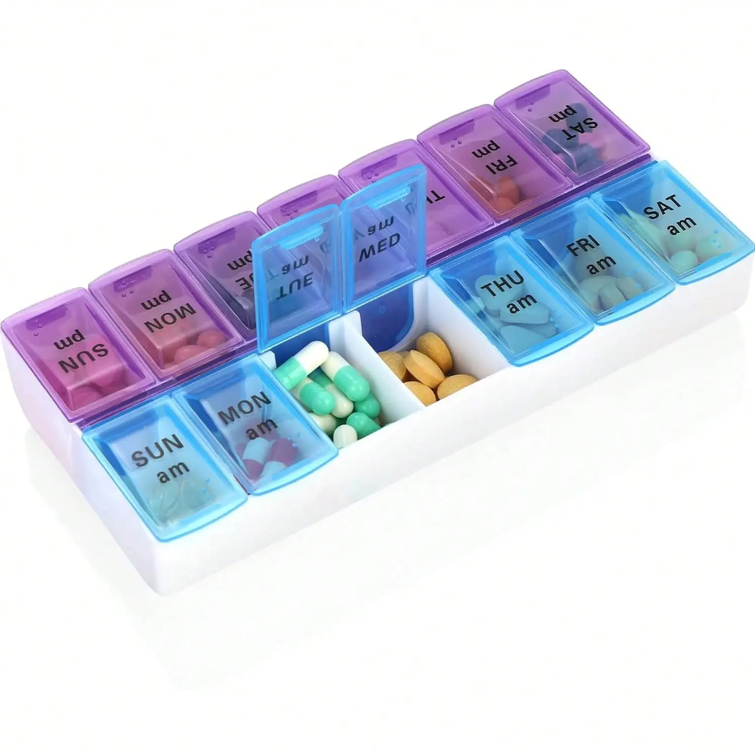 Weekly Pill Organizer 2 Times A Day 7 Day Pill Box Holder Large Daily Medicine Organizer Travel Pill Case Pill Container (2 Times Blue+Purple) Lidded