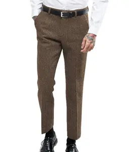 Men's Retro Dress Suit Pants Thick Wool Flat Front Herringbone Tweed Trousers