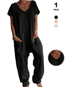 Women's V-Neck One-Piece Jumpsuit Set, Plain Color Fitted Design, Large Pockets, Low Waist, Casual Home Wear, All Seasons
