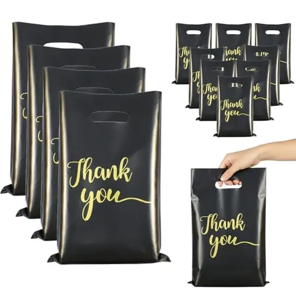 100 PCS Black Thank You Bags 9x12inch Extra Thick Plastic Retail Merchandise Bags with Handles for Small Business Boutiques and Party Favors