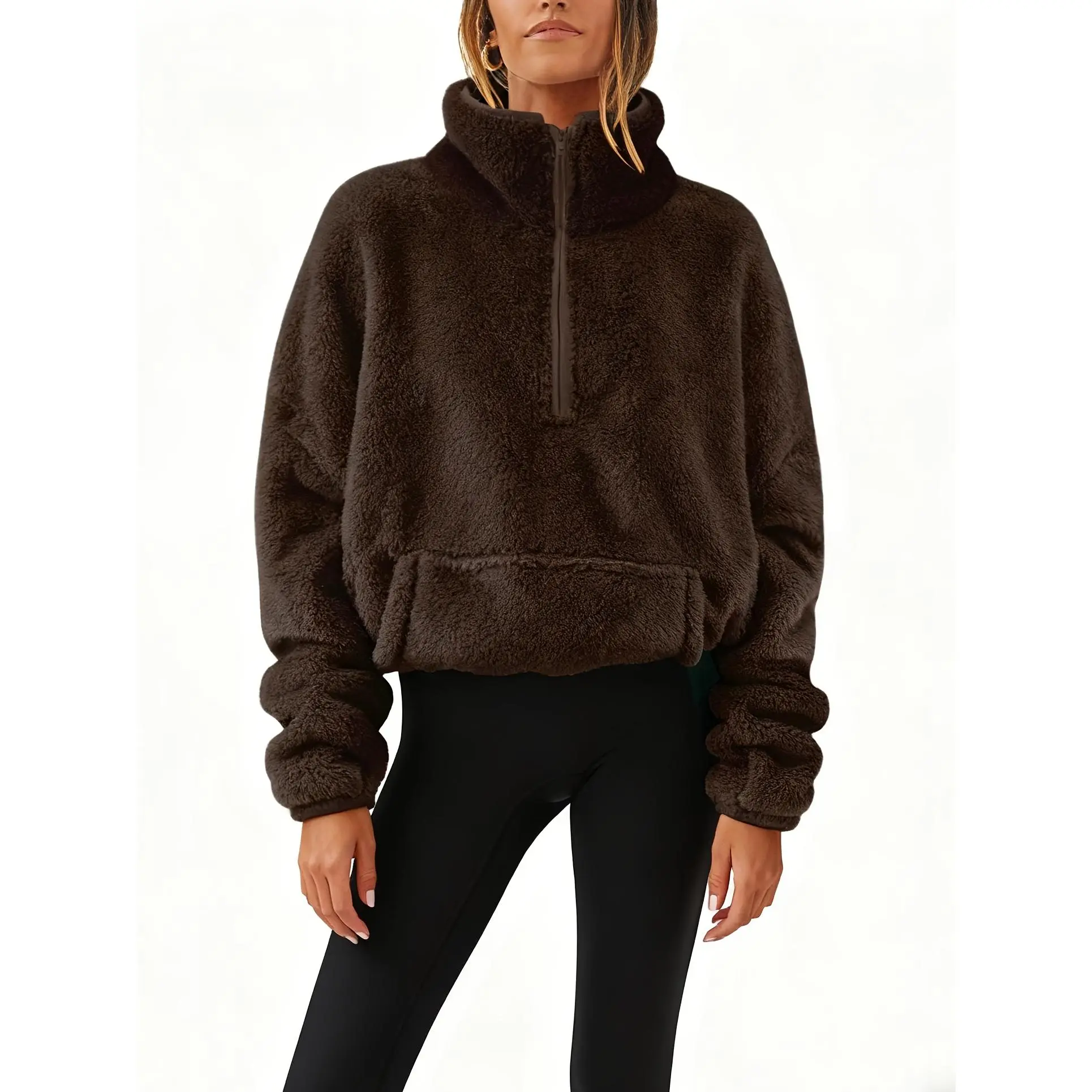 Women's Solid Cropped Half-Zip Elastane Fleece Sherpa Pullover Jacket - Fuzzy Warm, Breathable Casual Lady Outerwear with Zipper Pockets, Basic Fashion Top