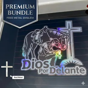 [Bundle] Dios Por Delante Holographic Decal + Metal Cross | Kneeling Cowboy Western Christian Truck Sticker (10") car