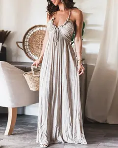 Women'sBacklessFloralBeachDresswithRuffleDetail,PlungingVSpaghettiStraps,CasualBohemianStyle,MaxiLengthSummerFittedBasicGreyWomenswear