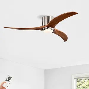 52" Flush Mount Ceiling Fan with Light & Remote | 3 Solid Wood Blades | Quiet DC Motor & 6 Speeds | Reversible for Patio, Living Room, Bedroom & Office