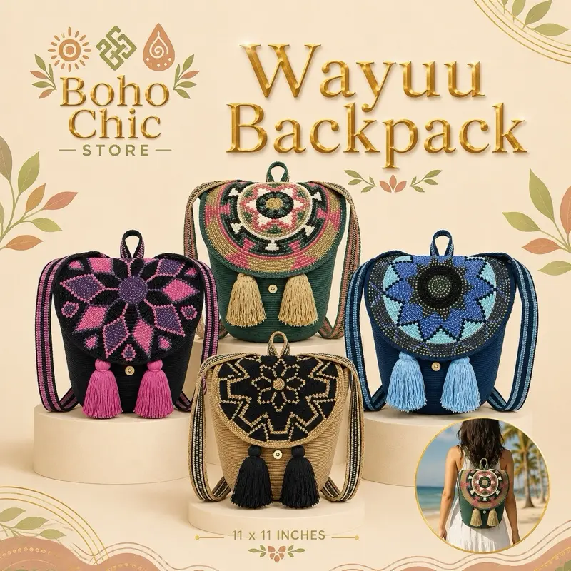 Handmade Wayuu Backpack – Adjustable Straps – Artisan Crochet Backpack 11x11 inch