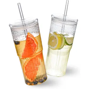 Ribbed Glass Cups with Lids and Straws,1PCS Glass Tumbler with Straw and Lid,Iced Coffee Cups Drinking Glasses for Juice Whiskey Cocktail Beer