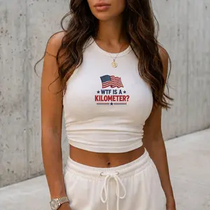 [Made in US] Funny Patriotic WTF Is A Kilometer Embroidered Tank Top, American Flag Rib Racer Cami, Fourth Of July Summer Outfit, Gift For Her, GF