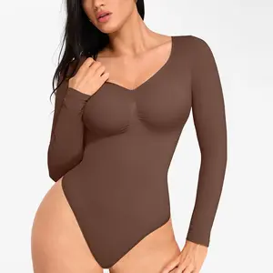 FeelinGirl Womenswear Seamless Long Sleeve Thong Bodysuit for Tummy Control V Neck Going Out Fabric Comfortable Springtok Casual Breathable
