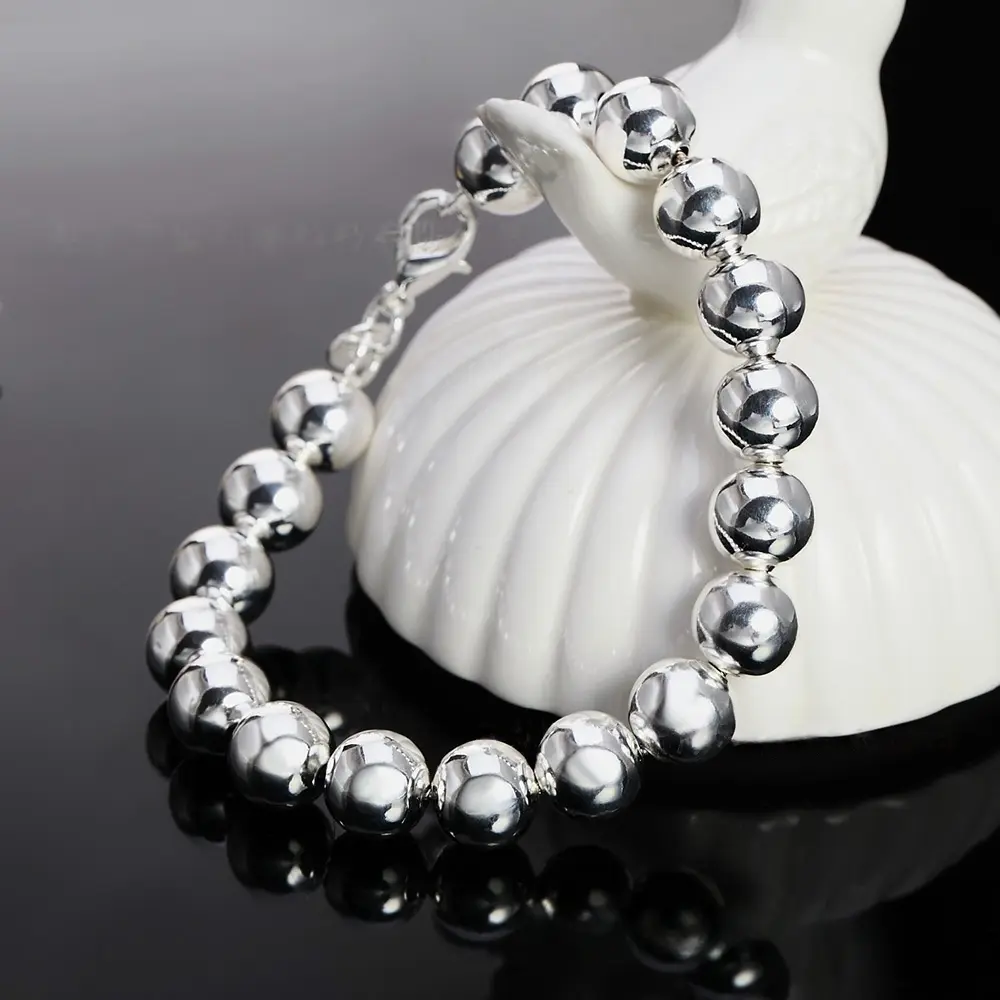 S925 Silver Hollow Round Ball Bead Bracelet for Women, 8MM Mirror Polished Lightweight Beaded Bracelet, 20CM Minimalist Silver Chain Bracelet with Secure Lobster Clasp, Classic Everyday Wear S925 Silver Jewelry Gift for Her