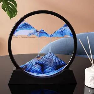 MIUVA Moving Sand Art Picture 3D Deep Sea 7 Inch Round Glass Sandscapes for Home Ornament Living Room Decoration Eye Relaxing Artistic Gift with 360° Rotation and Dynamic Pictures - Statues Figurines Blue Landscape Valentine's Day gift Set