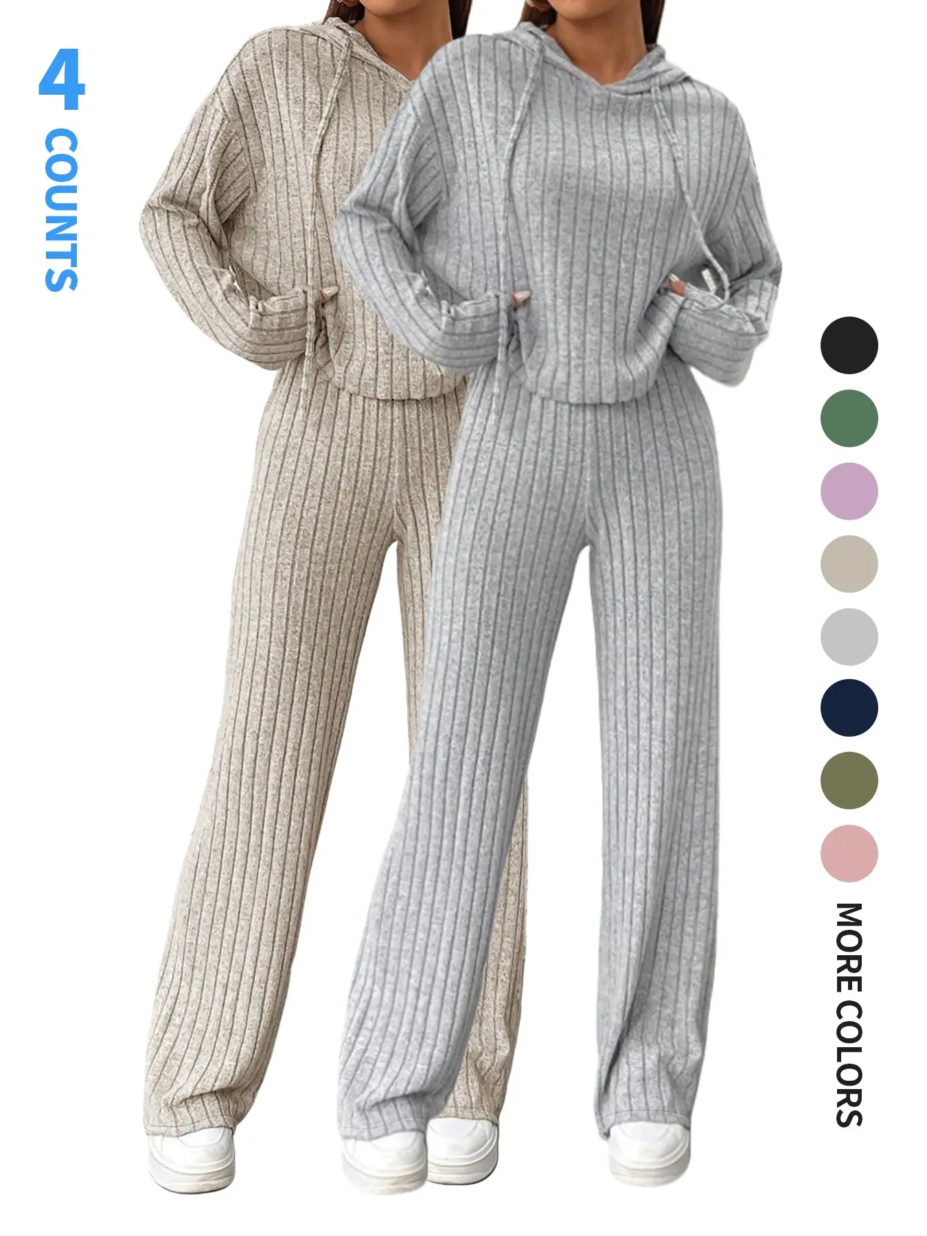 Soft Long Sleeve Lounge Sets, Pajama Set, Ribbed Sleepwear Set, Pyjamas for Women, Hooded Top & Elastic Wide-Leg Pants for Spring&Summer, Loungewear, Loungewear Pajamas, Casual Womenswear for Streetwear & Dailywear, Sleepwear trend, Outdoorwear